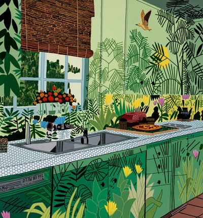 jungle kitchen outdoor cooking area with tropical plants and wooden furniture