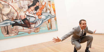 Jeff Koons quiz promotional banner featuring colorful balloon dog sculpture on a vibrant background