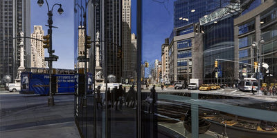 Richard Estes painting artwork detailed urban street scene photorealistic style