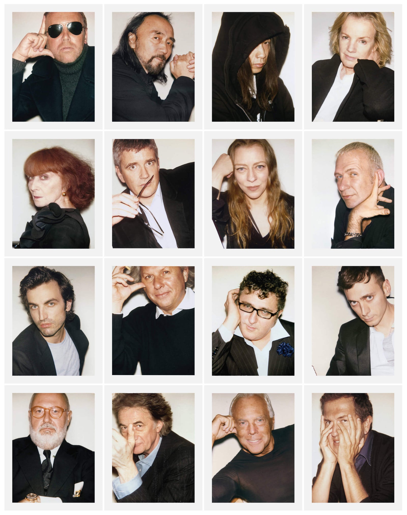 collage of twelve portraits featuring diverse individuals with varying expressions and styles, showcasing a mix of formal and casual attire against a neutral background, emphasizing personal and artistic identity
