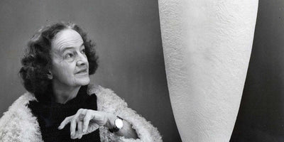 Sculptor Barbara Hepworth with five key works displayed in an art gallery setting