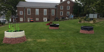 public art installation with abstract colorful sculptures in an outdoor urban setting