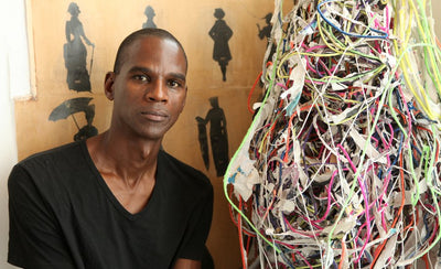 Mark Bradford abstract mixed media artwork with layered textures and vibrant colors