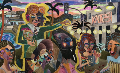 art fair picks colorful contemporary paintings displayed on gallery wall with visitors viewing artwork