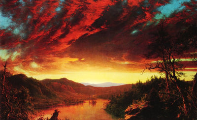 landscape painting with trees and mountains in warm sunset colors