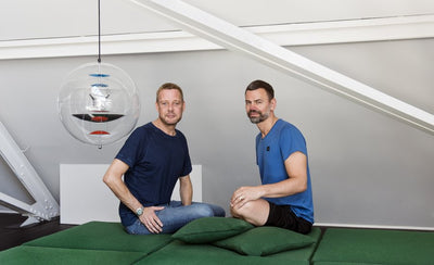 Elmgreen and Dragset interview promotional image with abstract art background and bold text elements