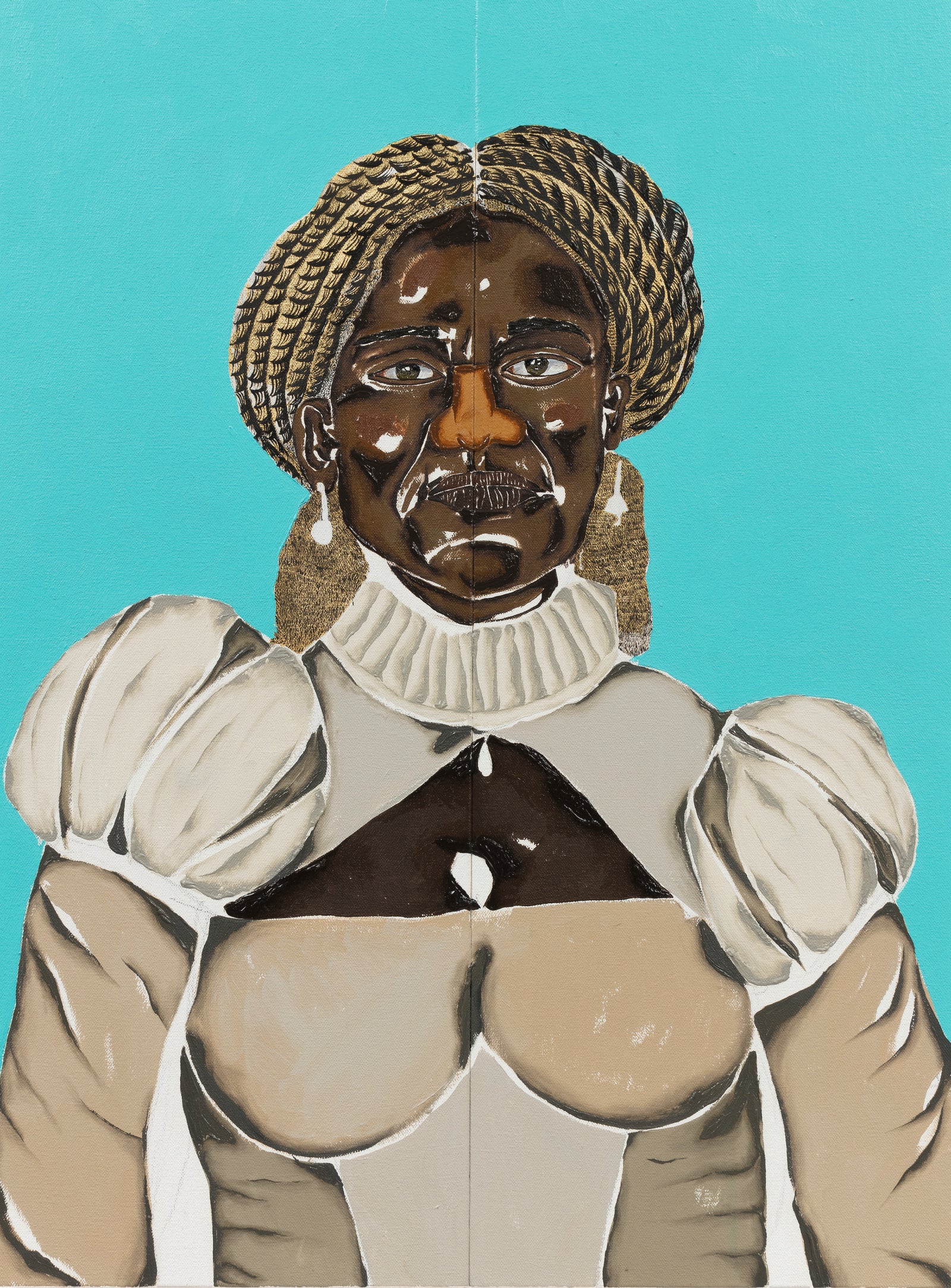 Dalton Paula, Chica da Silva, 2020. Picture credit: Courtesy Alexander and Bonin, New York. Photo: Joerg Lohse. Oil and gold leaf on canvas in 2 parts, 24 × 17 3/4 × 1 1/2 in. (61 × 45 × 4 cm).