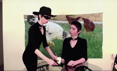 YouTube shooter video artist illustration with dark background and red accents