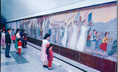 Graphic design examples from North Korea featuring unique and rare ephemera with bold colors and propaganda style elements