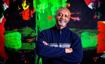 Interview with artist Kerry James Marshall discussing themes X Y and Z colorful artwork background