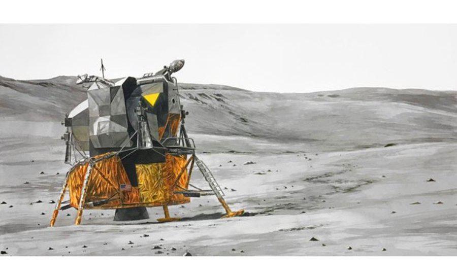 the artspace group show the moon exhibition promotional banner with abstract moon artwork and event details