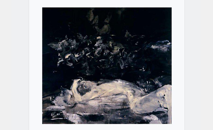 Abstract black painting artwork with bold brushstrokes and textured surface on a white background