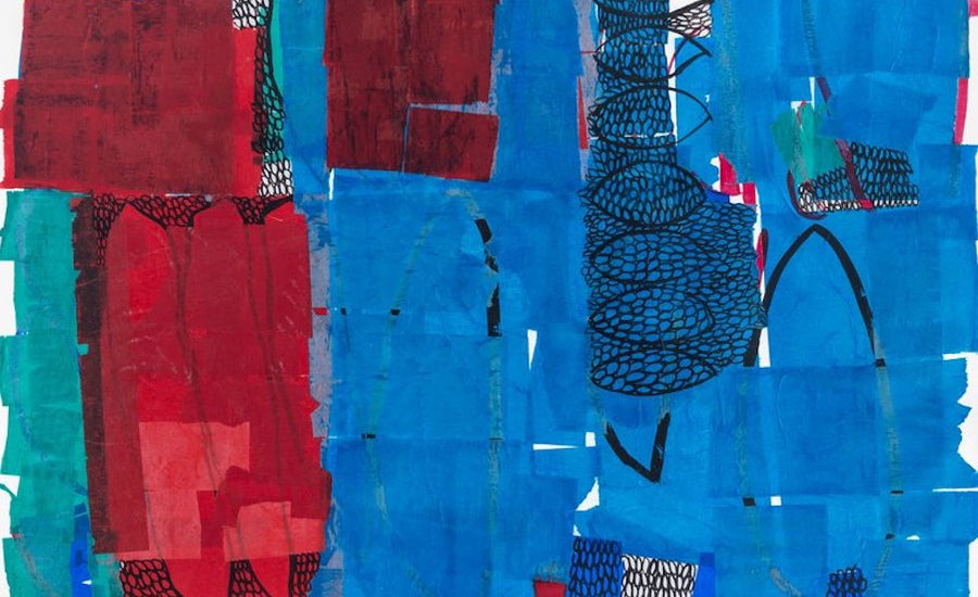 a close-up view of a colorful collage artwork with various textures and patterns