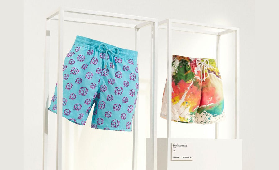 John Armleder and Kenny Scharf launch new Vilebrequin swimwear colorful artistic design on swim trunks displayed on white background