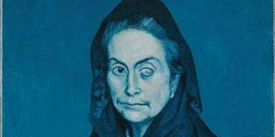 blue abstract art with geometric shapes and vibrant colors on a 900x450 background