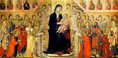 Duccio Maestà panel from 1308 depicting the Virgin Mary and Christ Child surrounded by saints and angels in medieval Italian art style