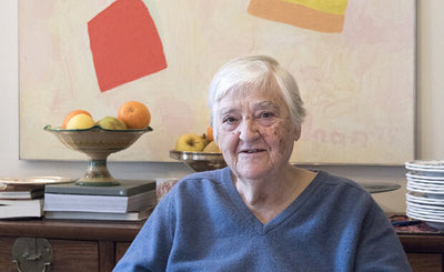 etel adnan interview portrait with artistic background and thoughtful expression