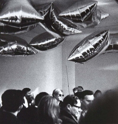 Warhol Shore Silver Clouds artwork featuring reflective silver balloons floating in a gallery space