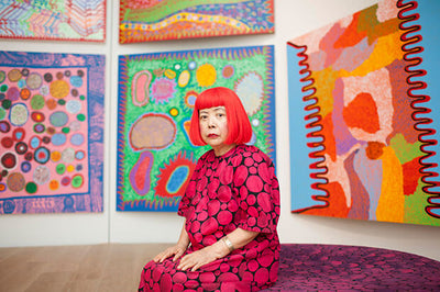 Portrait of Yayoi Kusama 2014 colorful polka dot art background