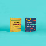 two books titled Great Women Artists and Great Women Painters on a bright blue background with colorful lines