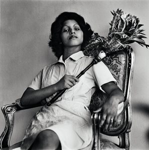 Sandra Eleta, Edita (la del plumero) Panamá (Edita (The One with the Feather Duster) Panama), 1978–80, from the series La servidumbre (Servitude), 1975–89. Picture credit: Courtesy the artist black and white photograph, 19 × 19 in. (48.3 × 48.3 cm). Born 1942, Panama City, Panama. Lives Portobelo, Colón, Panama