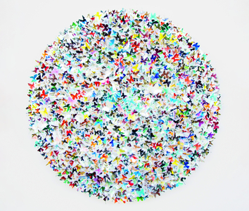 Rebecca Coles, British Masters 01, 2017. Picture credit: Courtesy of TAG Fine Arts. Recycled art books and entomology pins, 393⁄8 × 393⁄8 in / 100 × 100 cm. Mark Jason Gallery, London