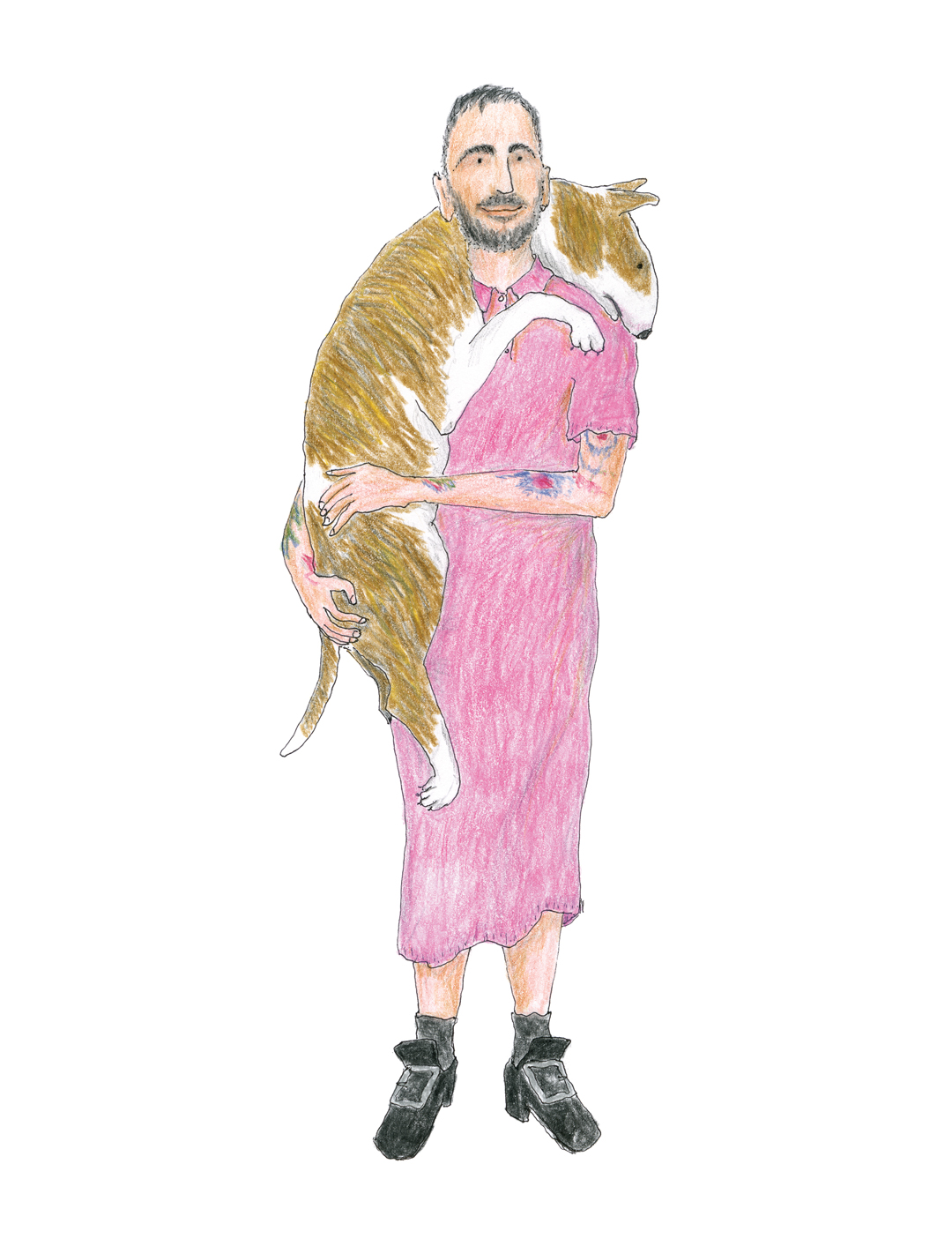  “This drawing is of me in my favorite bubble-gum-pink Comme des Garçons polo-shirt dress and my Pilgrim-inspired shoes, with Neville draped over my shoulders.” Marc Jacobs, drawing by Grace Coddington