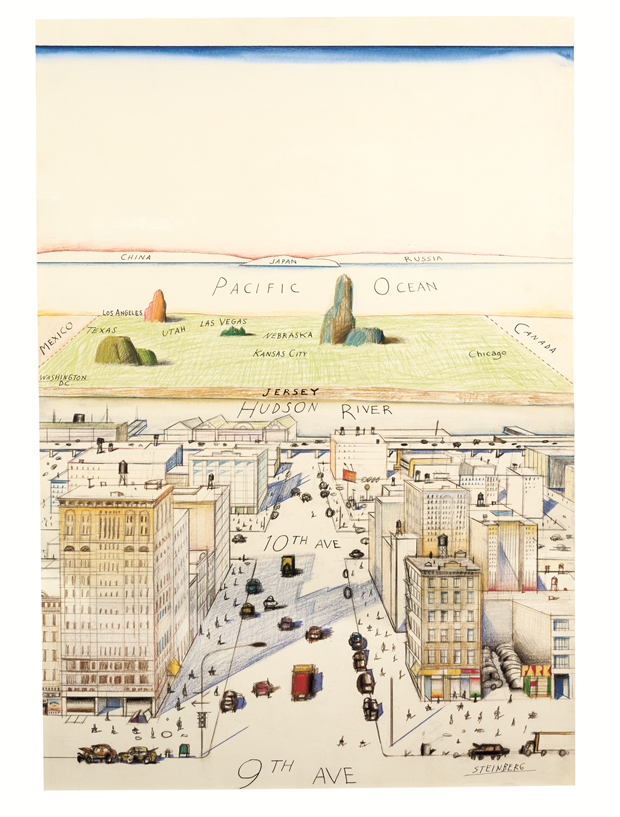 View of the World from 9th Avenue, 1976, Saul Steinberg Ink, pencil, coloured pencil and watercolour on paper, 71 x 48 cm / 28 x 19 in., private collection. From Map