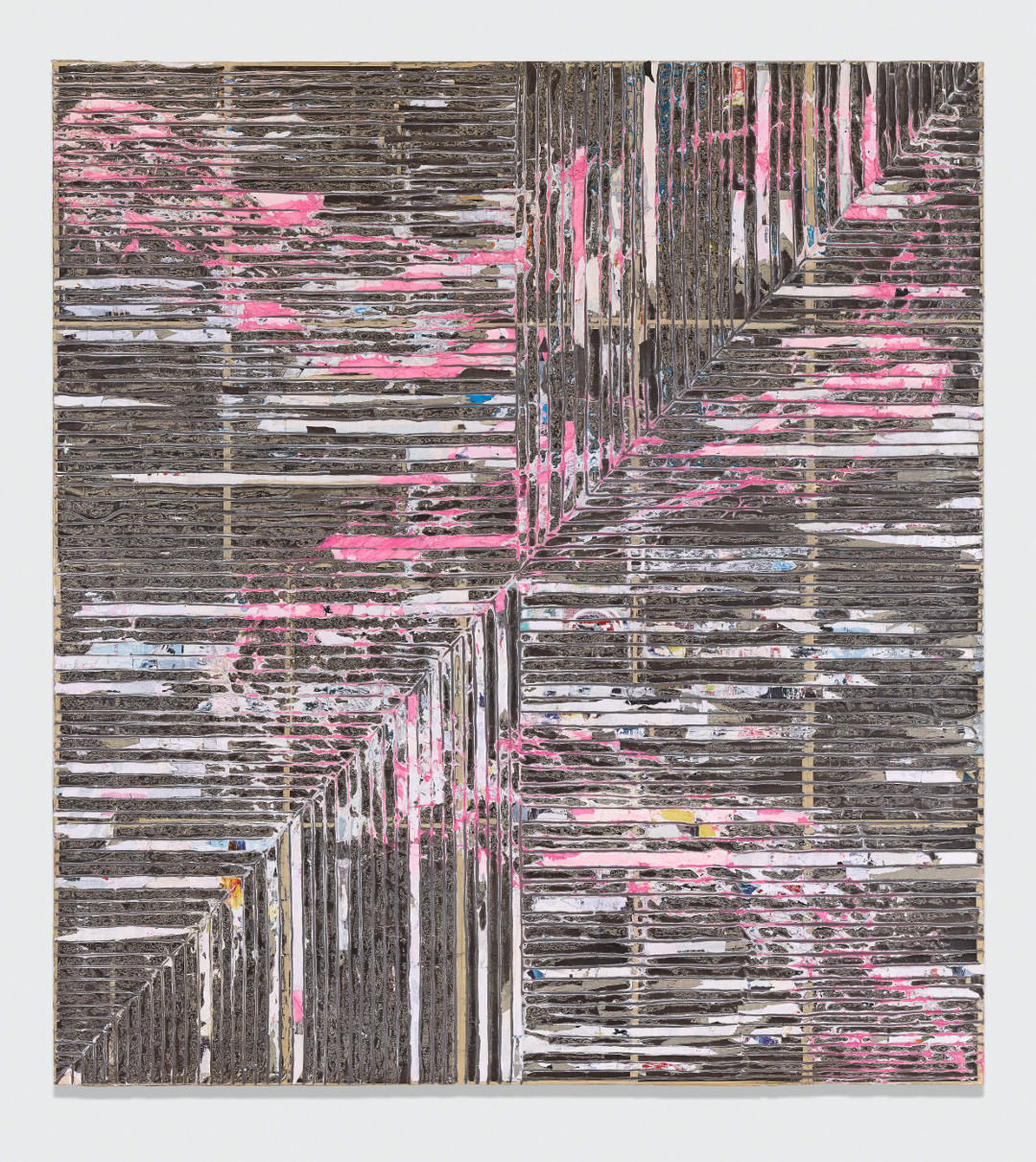 Mark Bradford, Crack Between the Floorboards, 2014. Mixed-media collage on canvas, 132 1/8 x 120 ¼ x 2 1/8 in. (335.5 x 305.5 x 5.5 cm). Picture credit: courtesy the artist and Hauser & Wirth, © Mark Bradford; photo: Joshua White