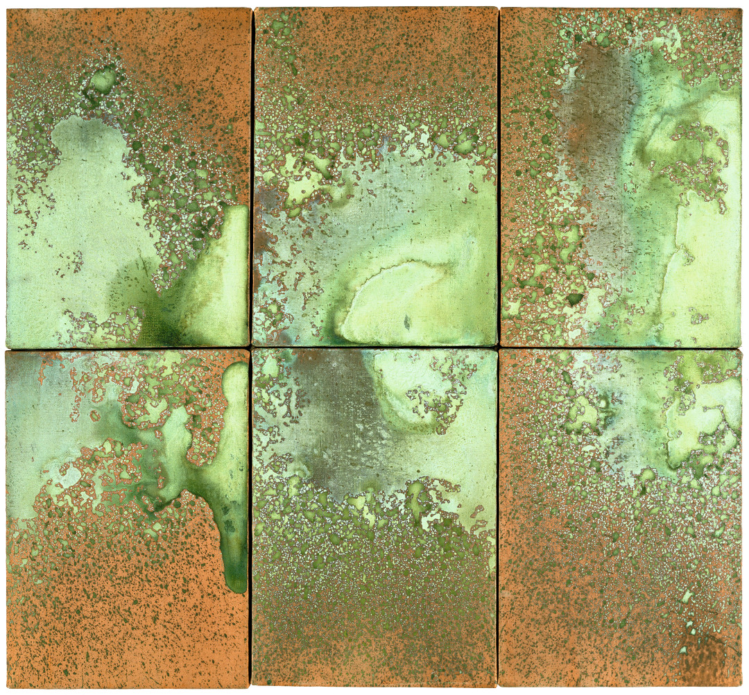 Andy Warhol, Oxidation, 1977–78, urine and metallic paint on canvas, six canvases, 14 x 10 inches, each, 35.6 x 25.4 cm, each. Picture credit: Collection Norman and Norah Stone, San Francisco © The Andy Warhol Foundation for the Visual Arts, Inc., NY, Photo by Phillips/Schwab