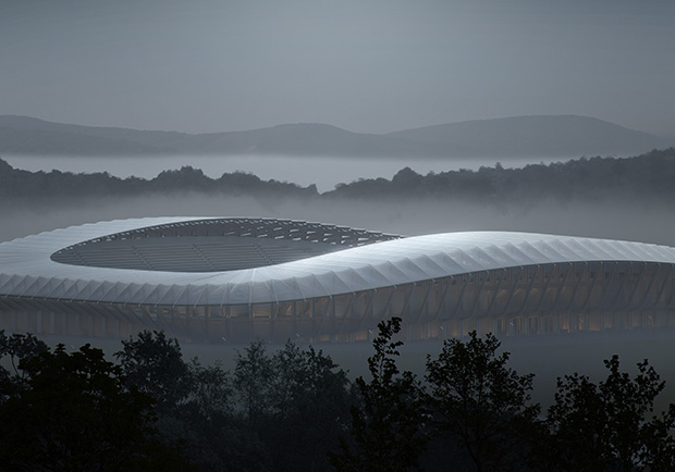 Forest Green Rovers' Eco Park Stadium by Zaha Hadid Architects. Render by VA