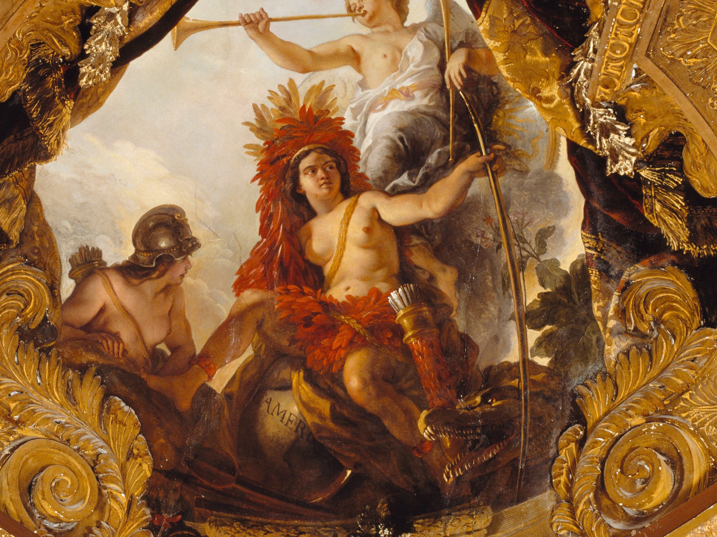 Charles de La Fosse, America, c.1672. Detail from the ceiling of the Salon of Apollo, Versailles. From Exotic