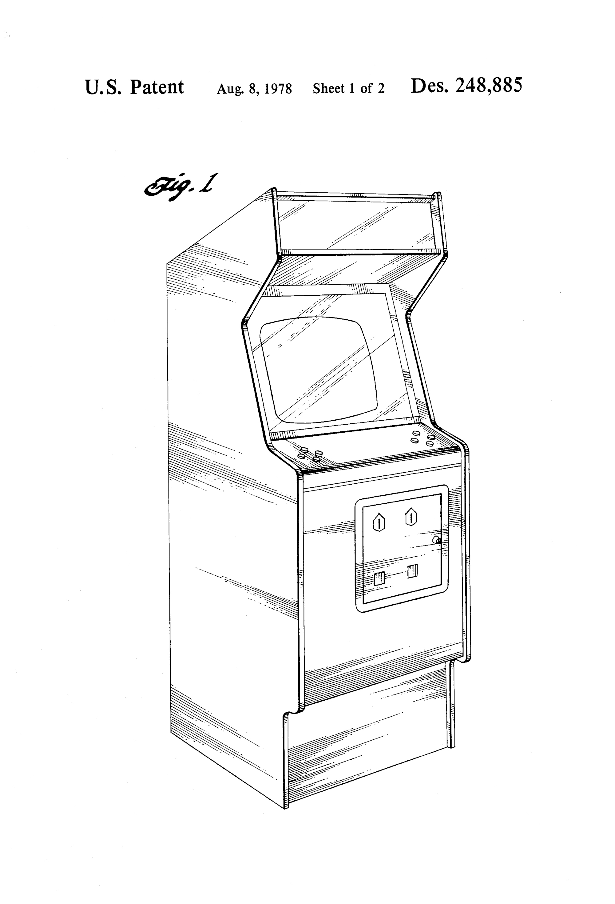 Video Game Cabinet, Lonnie C. Pogue, for Gremlin Industries, 1976/1978. Patent Number: USD 248,885, U.S. Patent Office