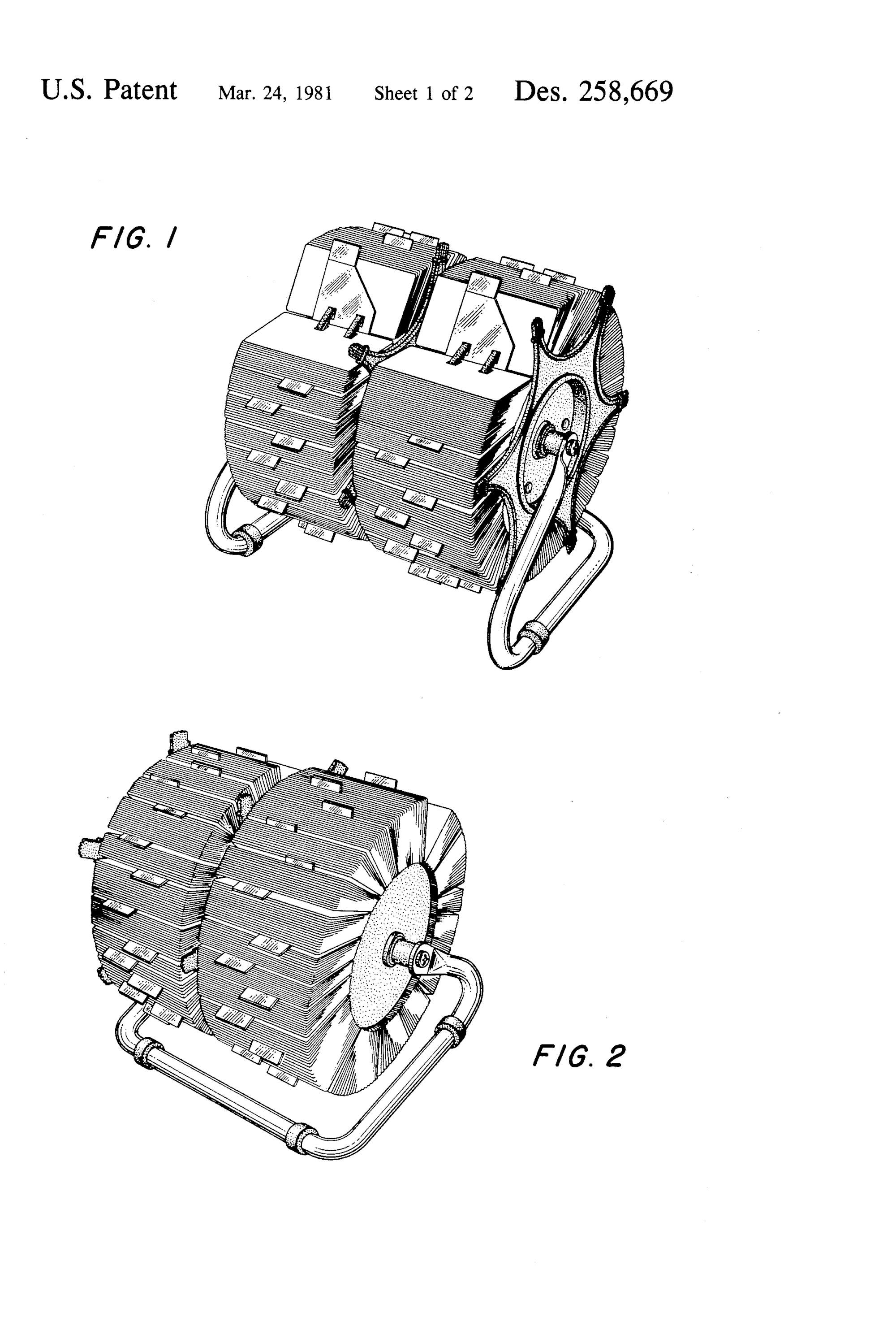 Rotary Card File, Hildaur L. Nielsen, for Rolodex Corporation, 1977/1981. Patent Number: USD 258,669, U.S. Patent Office