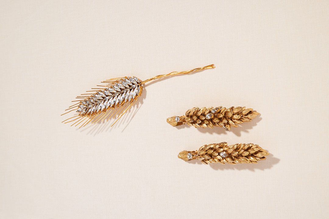 Ear of corn brooch made of diamanté with gilt metal whiskers (made by Goossens), Spring/Summer 1989 haute couture collection; ear of corn earrings studded with diamanté (made by Goossens), Spring/Summer 1982 haute couture collection. Photograph © Lavanchy Matthieu. As reproduced in Yves Saint Laurent Accessories