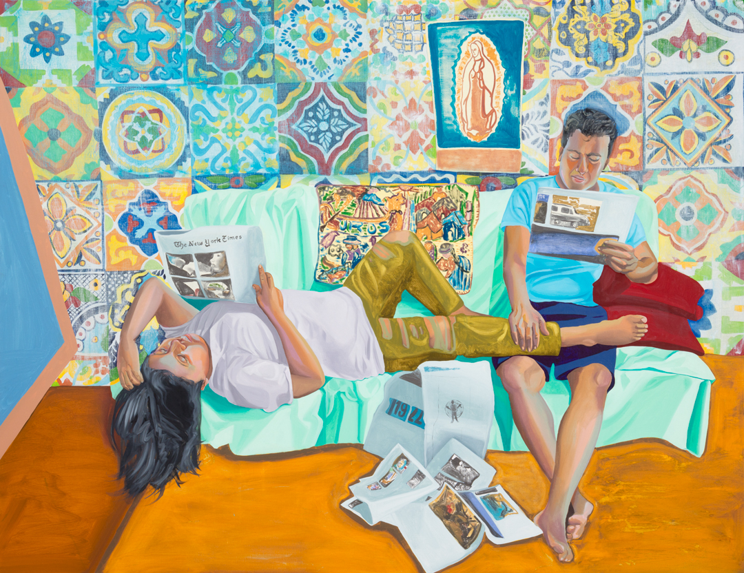 Aliza Nisenbaum, La Talaverita, Sunday Morning NY Times, 2016. Oil on linen, 68 x 88 in. (172.7 x 223.5 cm). Collection of the artist; courtesy T293 Gallery, Rome and Mary Mary, Glasgow