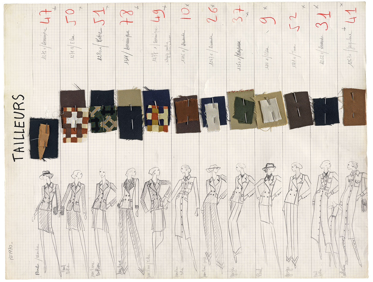 Sheet of designs for the Spring/Summer 1970 haute couture collection, incorporating a series of buttoned day suits. Picture credit: © Fondation Pierre Bergé – Yves Saint Laurent, Paris/All Rights Reserved