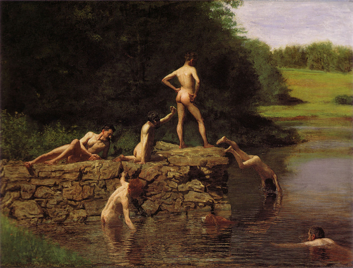 Swimming (1885) by Thomas Eakins. As reproduced in The Art of the Erotic. Eakins included himself in the picture, as the swimmer on the bottom right