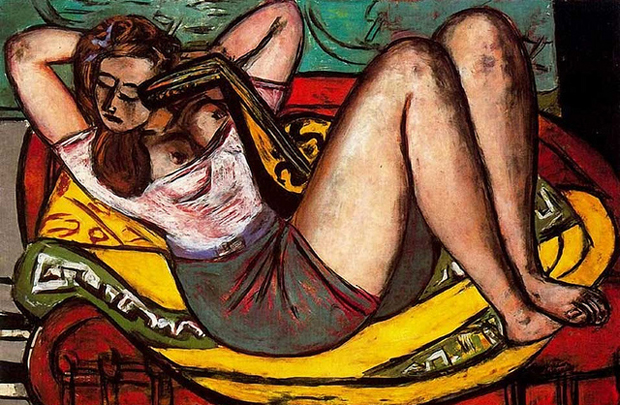 Max Beckmann, Woman with Mandolin in Yellow and Red (1950), oil on canvas, 36 1/4 x 55 1/8 in (92 x 140 cm) © VG Bild-Kunst, Bonn 2012
