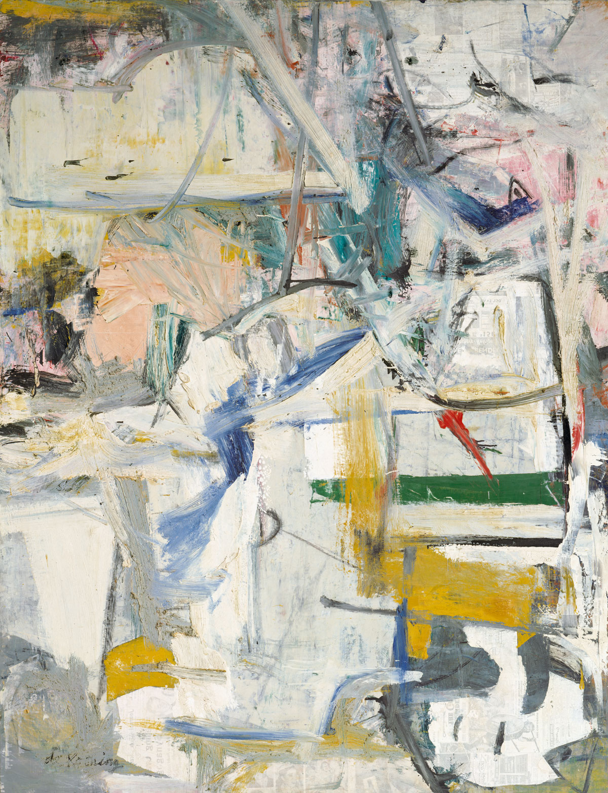 Easter Monday (1955–6) by Willem de Kooning, oil and newspaper transfer on canvas, 243.8 x 188 cm (96 x 74 in), The Metropolitan Museum