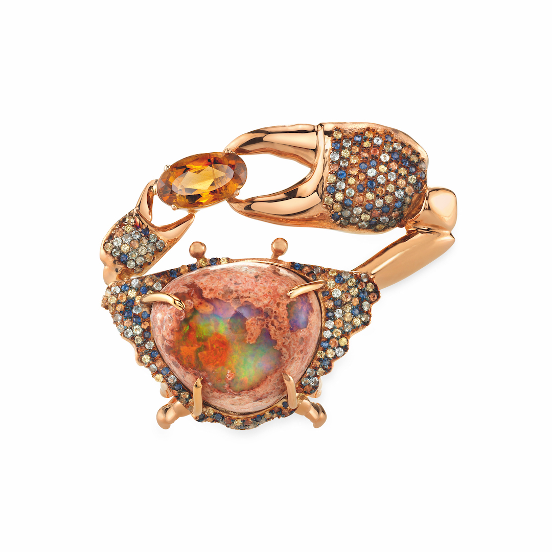 Daniela Villegas, Grannus Ring, 2017. Mexican opal (24.5cts), orange tourmalines, and sapphires in pink gold.