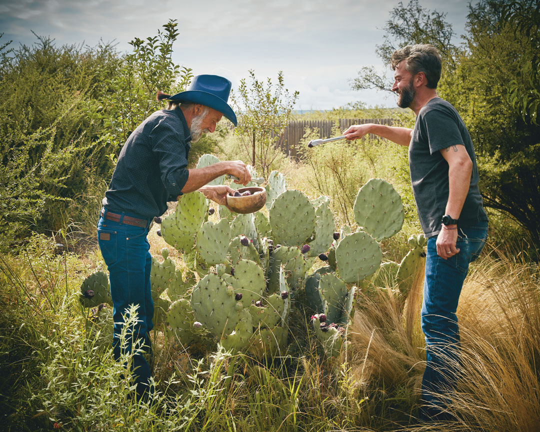 Mentor Jon Sufficool (left) and Rocky Barnette (right) pick prickly pears in Marfa, Texas. All photography by Douglas Friedman 
