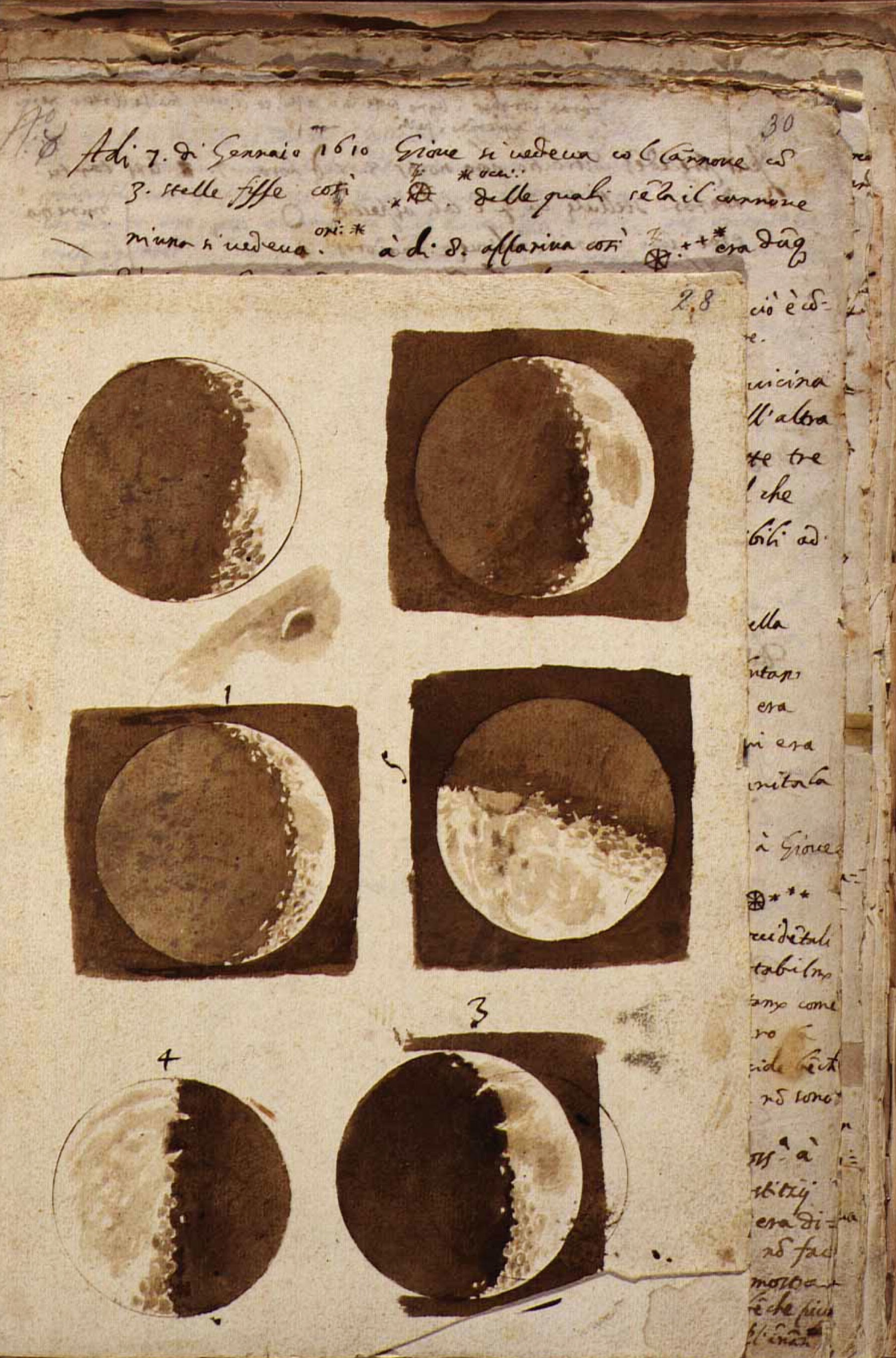 The moon, 1609, by Galileo Galilei. As reproduced in Universe