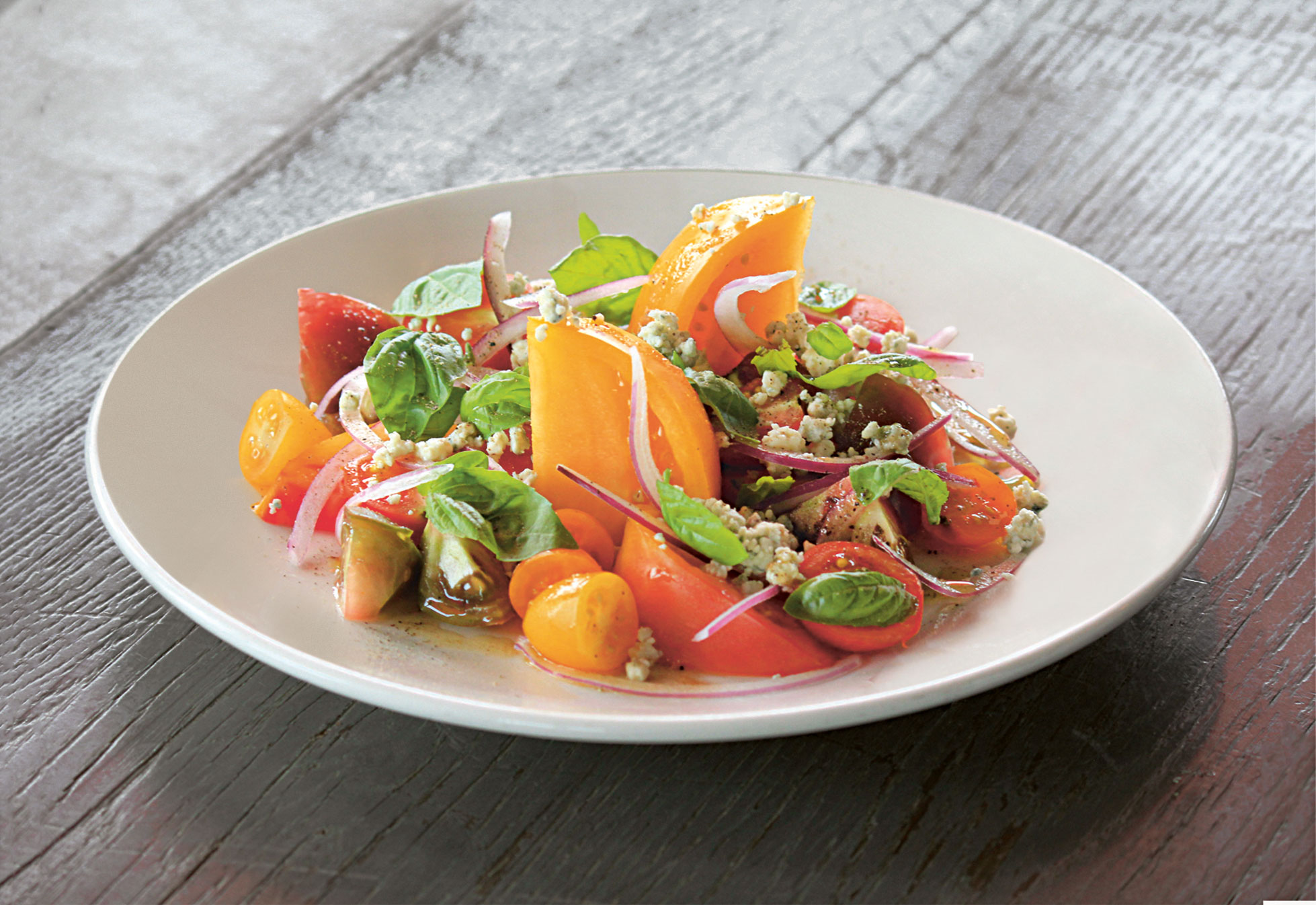Rooftop heirloom tomato and basil salad, by John Mooney at Bell, Book & Candle