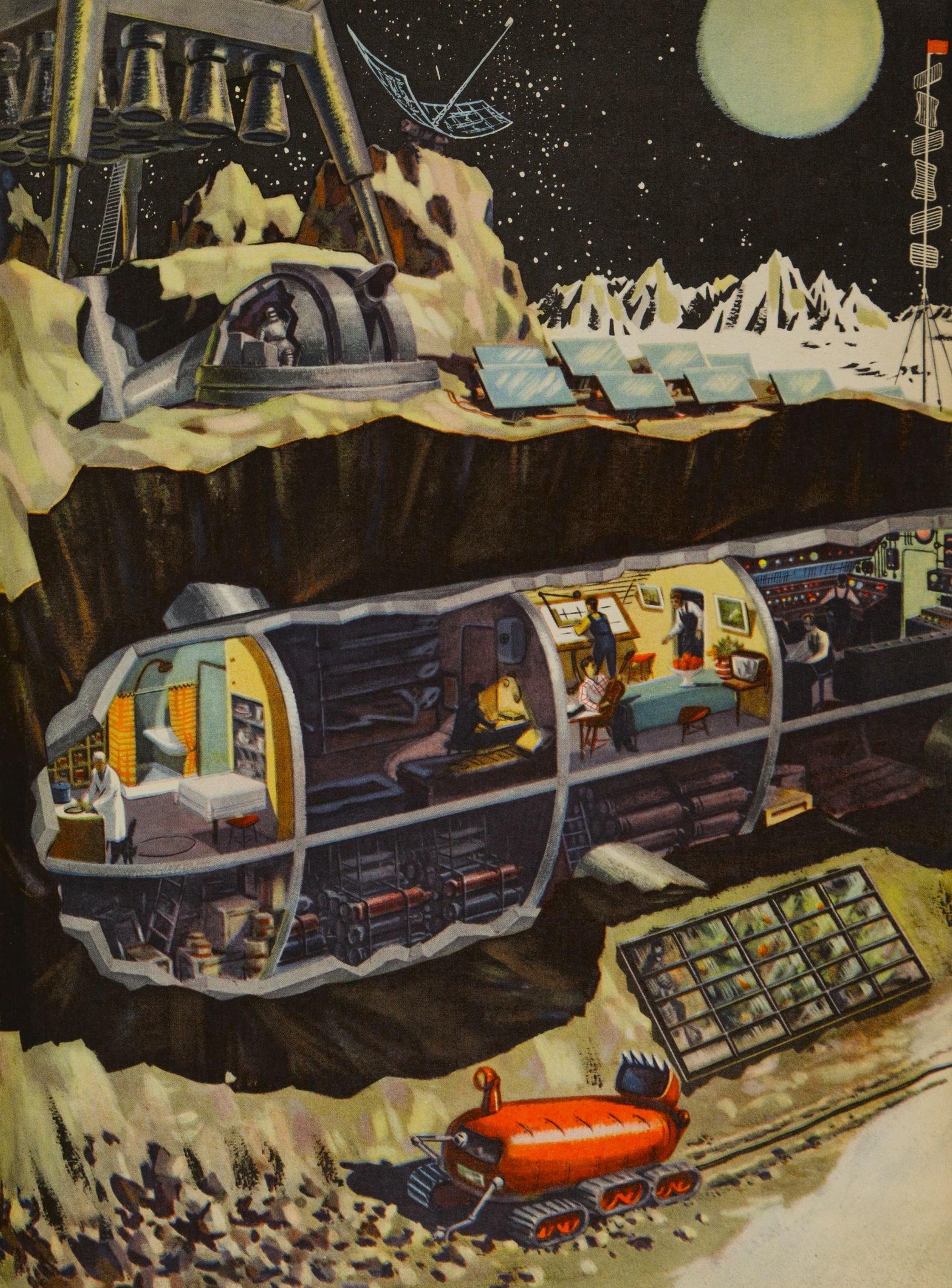 Technology for the Youth, issue 2, 1959, illustration by B. Dashkov for the article ‘What Would a Space Station on the Moon Look Like?’