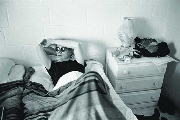 Warhol in hotel room during filming of My Hustler. From Factory: Andy Warhol