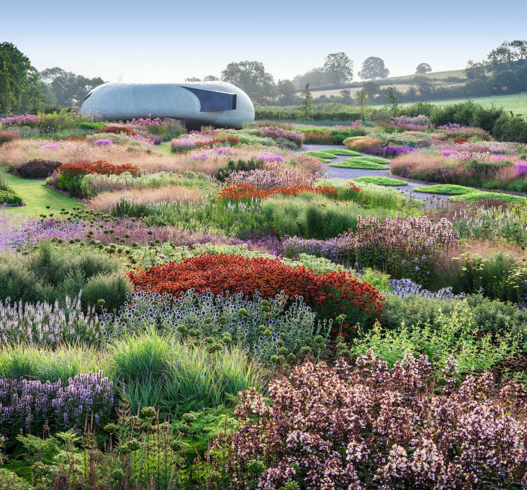 New Perennial Planting. The Piet Oudolf-designed 0.6 hectare (1.5 acre) Oudolf Field Garden at Hauser and Wirth, Bruton, Somerset, England, UK. Open to the public.