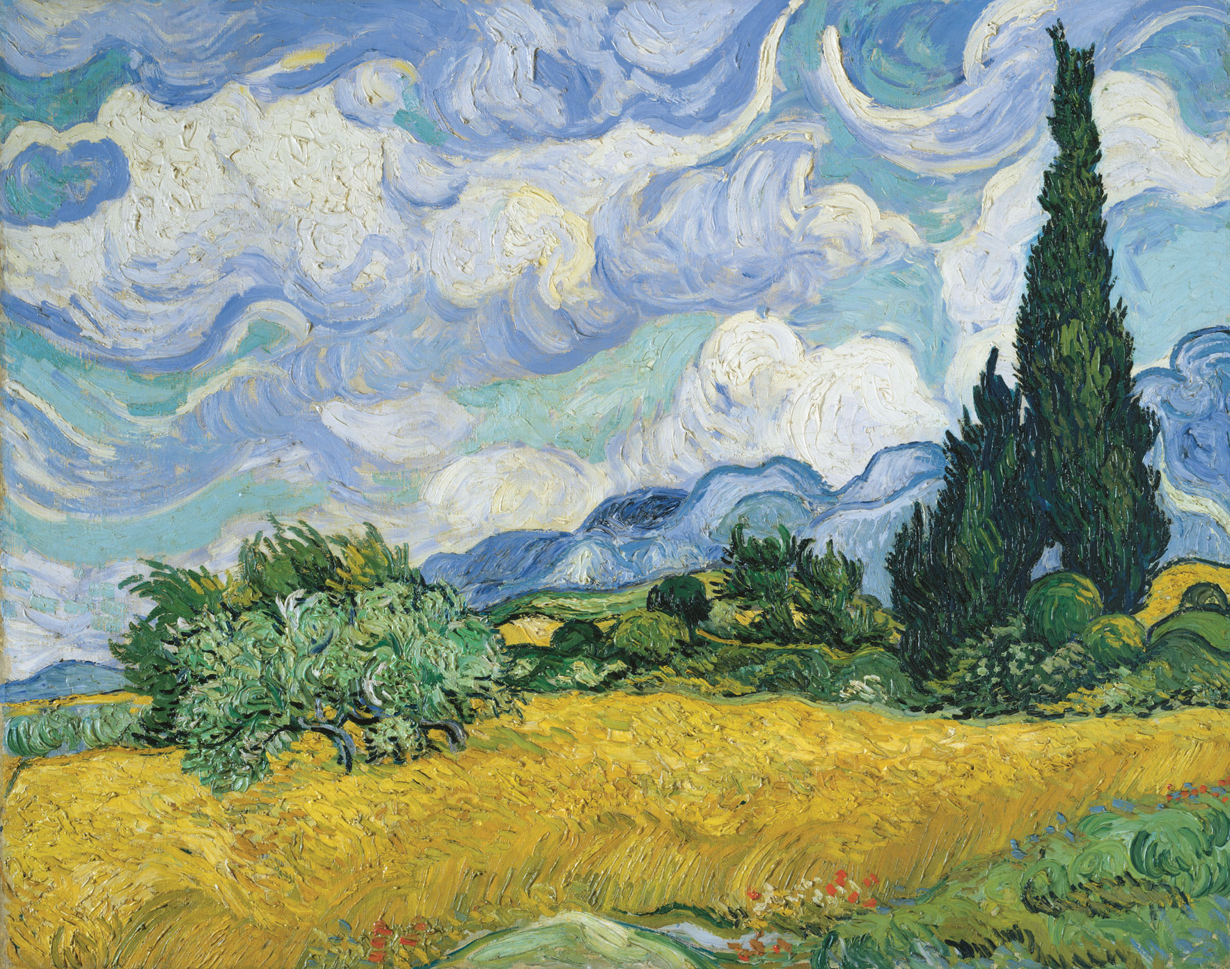 A staggering array of artists’ depictions of landscape assault your eye, and you home in on a soothing painting by van Gogh called Wheat Field with Cypress. From Art =