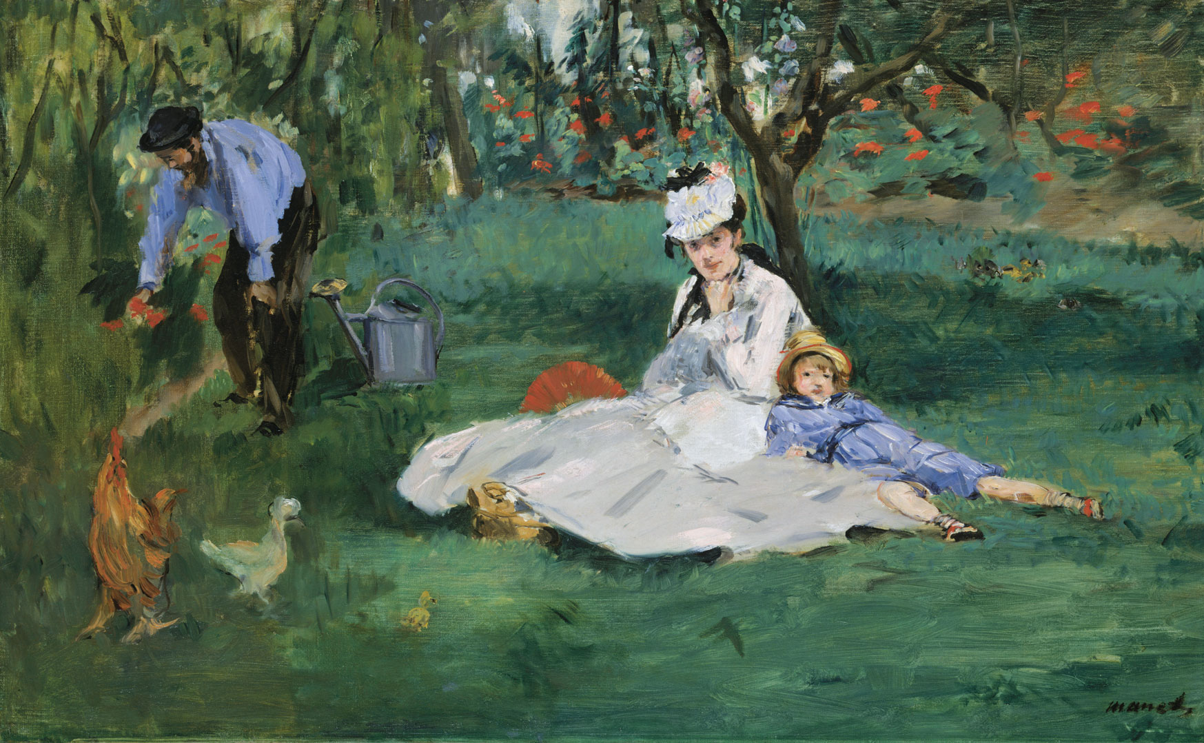 Lots of women and children, obviously, but there is one lovely little Impressionist painting by Manet of the Monet family in their garden. From Art =