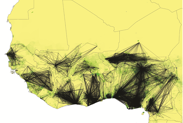 Human Mobility and the Spread of Ebola in West Africa, 2014, Flowminder Foundation Digital, dimensions variable. Flowminder Foundation and WorldPop project. From Map